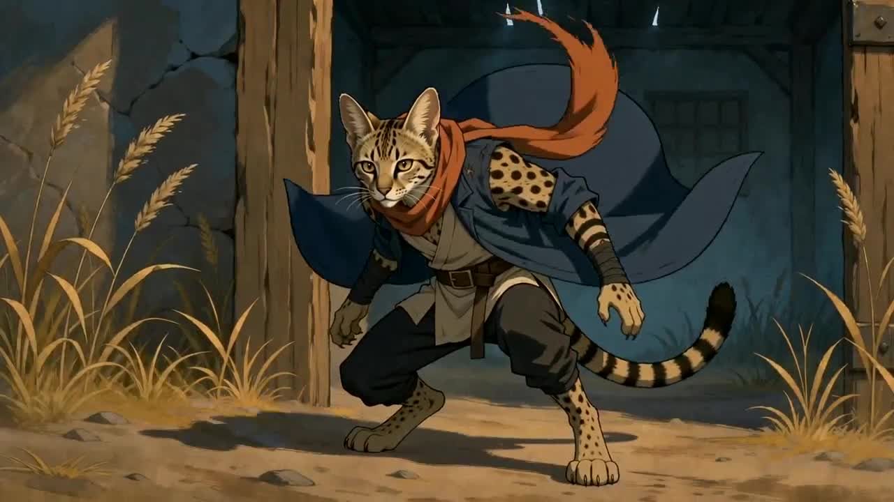 Aven drawn as an anime character in an indigo travelling coat, mid-drop inside a stone forge