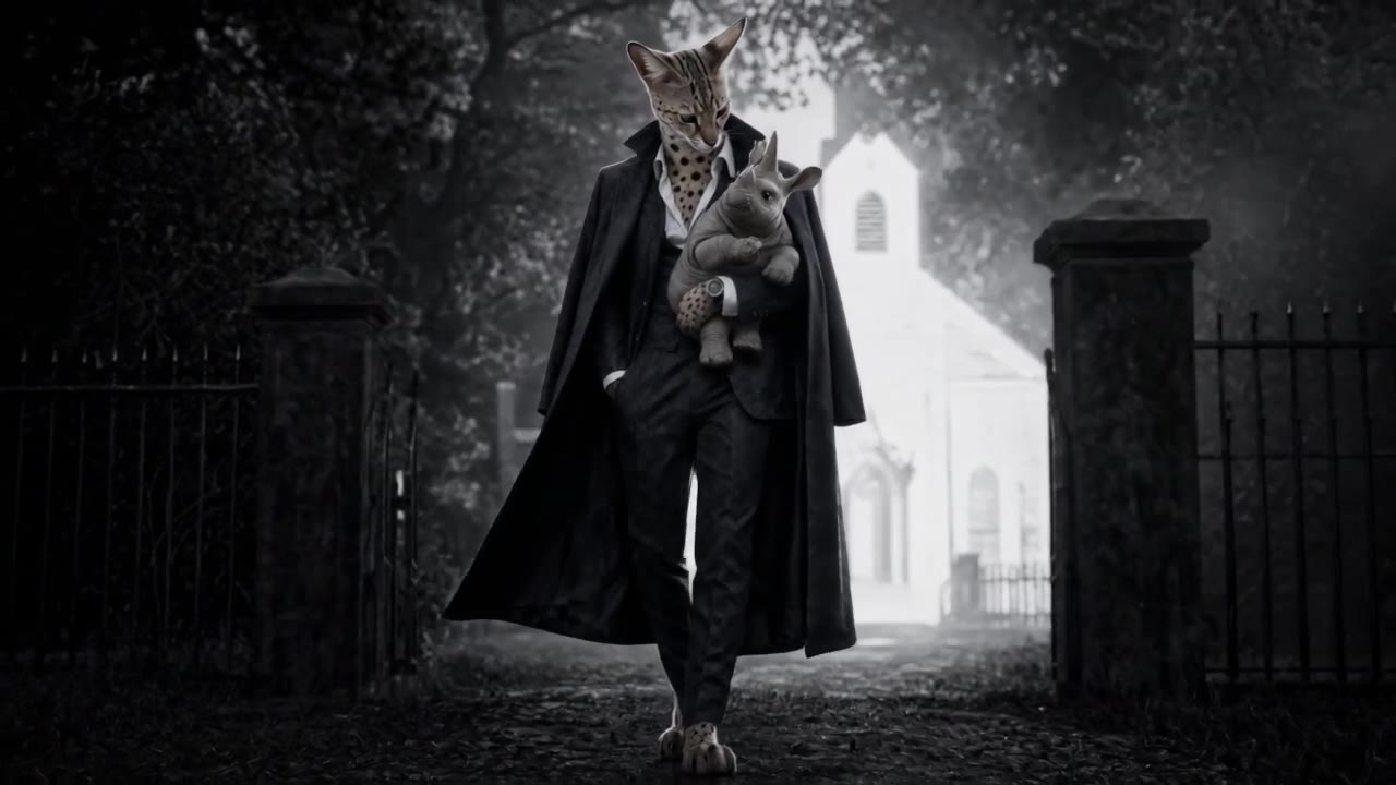 Aven drawn as a standing Savannah in a dark suit, carrying a baby rhino calf past a white church