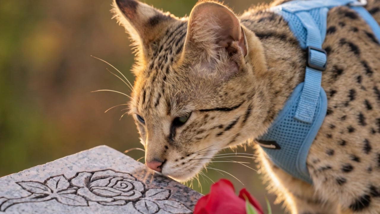 Aven, drawn, touching his nose to the carved rose on a flat granite grave marker in warm morning light
