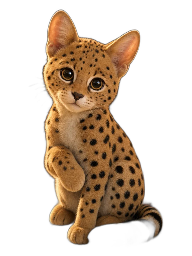 Aven — a tall, leggy young Savannah cat sitting and facing you: very tall upright ears, big amber eyes, round black spots scattered over golden-orange fur on the body (head, neck and legs striped), a pale cream muzzle and chest, one front paw raised, and a long tail ringed with dark bands ending in a dark tip.