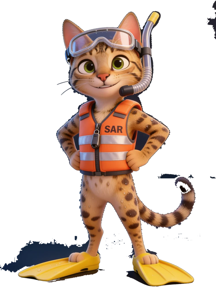 Aven in search-and-rescue gear: orange SAR vest, goggles, snorkel and yellow flippers