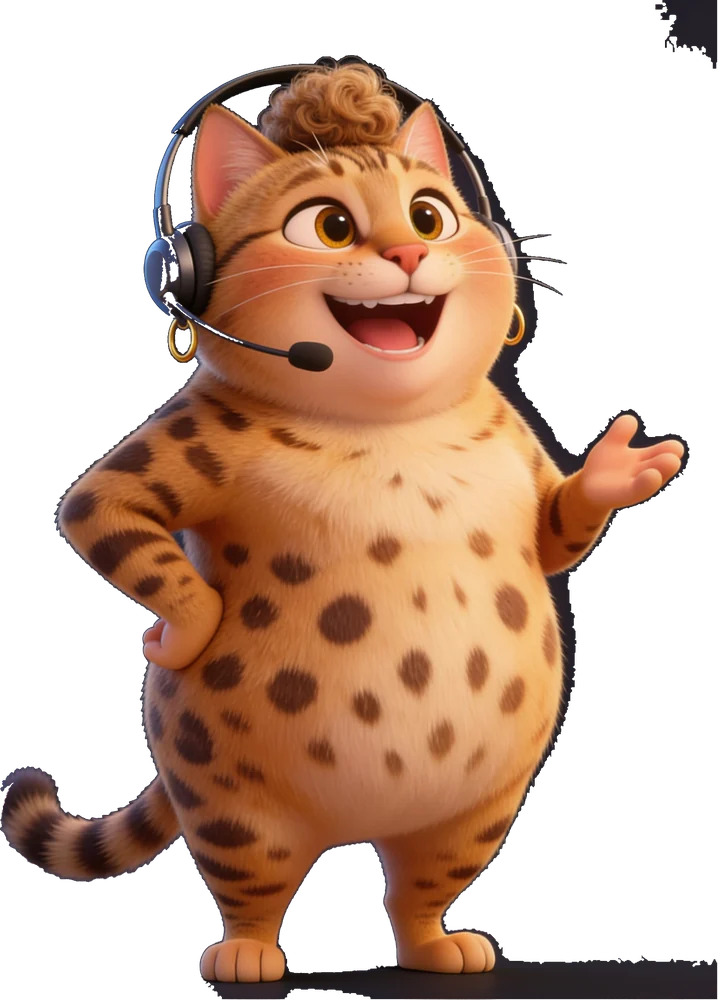 Tia Ana — a plump, laughing Savannah cat in a headset
