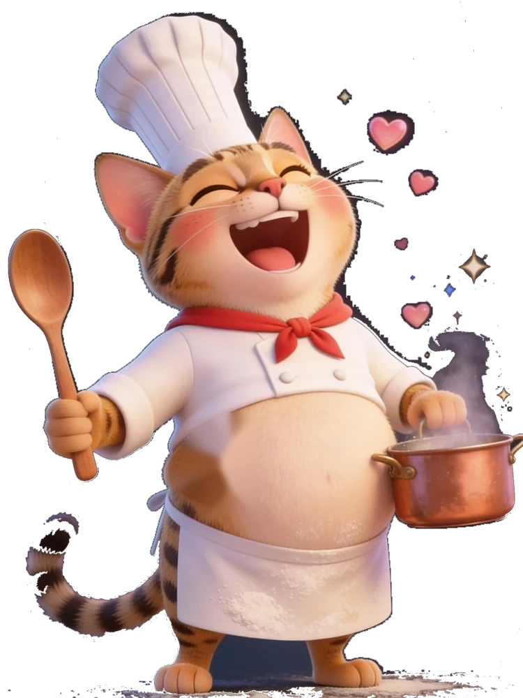 Chef — a big, broad Savannah cat in a white chef's jacket and tall toque, wooden spoon raised, copper pot in paw