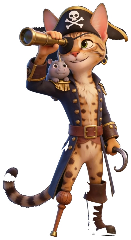Capt Mathlin — a lean Savannah sea-captain with a peg leg, eye patch, spyglass, and a baby rhino on his shoulder