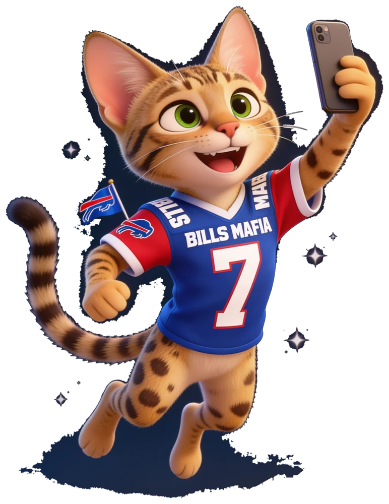 Sehv — a Savannah kitten mid-leap in a Buffalo Bills jersey, number 7, phone in paw