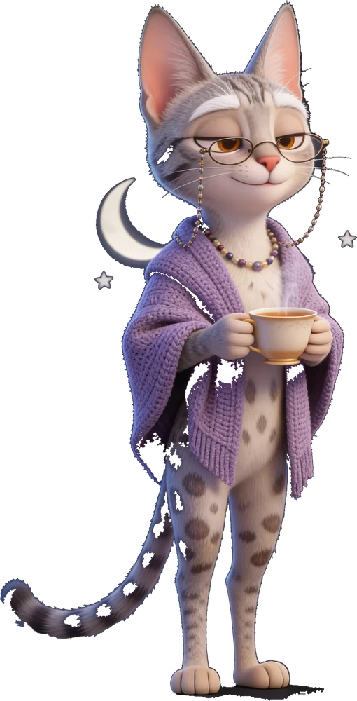Gram — a silver-grey grandmother Savannah cat in a knitted shawl, holding tea