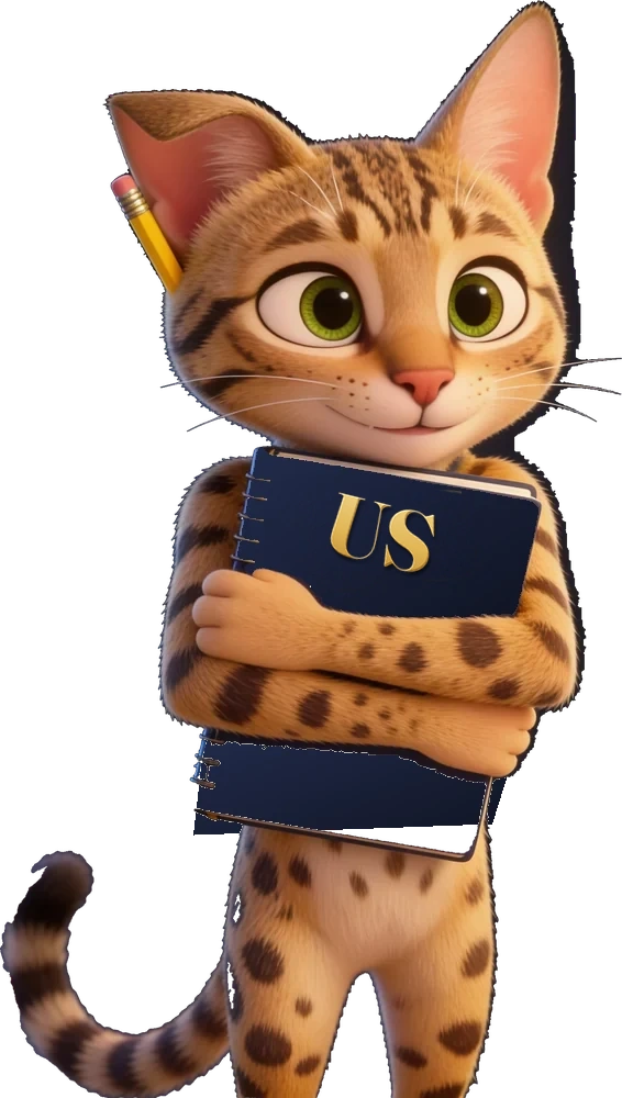 Yules — a small shy Savannah cat with one ear folded down, hugging a navy notebook that says US, pencil behind her ear